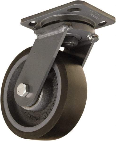 Hamilton - 6" Diam x 2" Wide x 7-1/2" OAH Top Plate Mount Swivel Caster - Polyurethane Mold onto Cast Iron Center, 1,560 Lb Capacity, Sealed Precision Ball Bearing, 4 x 5" Plate - Eagle Tool & Supply