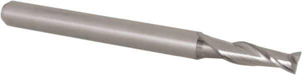 Accupro - 0.105", 0.315" LOC, 1/8" Shank Diam, 1-1/2" OAL, 2 Flute, Solid Carbide Square End Mill - Single End, Uncoated, Spiral Flute, 30° Helix, Centercutting, Right Hand Cut, Right Hand Flute, Series Miniature - Eagle Tool & Supply
