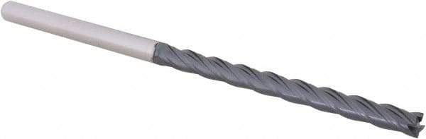 Accupro - 3/16", 2-1/4" LOC, 3/16" Shank Diam, 4" OAL, 4 Flute, Solid Carbide Square End Mill - Single End, AlTiN Finish, Spiral Flute, 30° Helix, Centercutting, Right Hand Cut, Right Hand Flute, Series Miniature - Eagle Tool & Supply