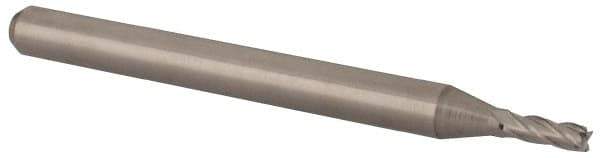 Accupro - 0.053", 0.159" LOC, 1/8" Shank Diam, 1-1/2" OAL, 4 Flute, Solid Carbide Square End Mill - Single End, Uncoated, Spiral Flute, 30° Helix, Centercutting, Right Hand Cut, Right Hand Flute, Series Miniature - Eagle Tool & Supply