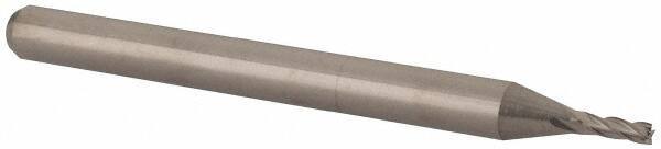 Accupro - 3/64", 0.141" LOC, 1/8" Shank Diam, 1-1/2" OAL, 4 Flute, Solid Carbide Square End Mill - Single End, Uncoated, Spiral Flute, 30° Helix, Centercutting, Right Hand Cut, Right Hand Flute, Series Miniature - Eagle Tool & Supply