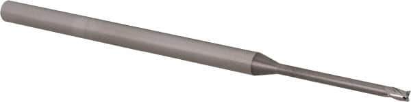 Accupro - 0.06", 0.09" LOC, 1/8" Shank Diam, 2-1/2" OAL, 3 Flute, Solid Carbide Square End Mill - Single End, Uncoated, Spiral Flute, 30° Helix, Centercutting, Right Hand Cut, Right Hand Flute, Series Miniature - Eagle Tool & Supply