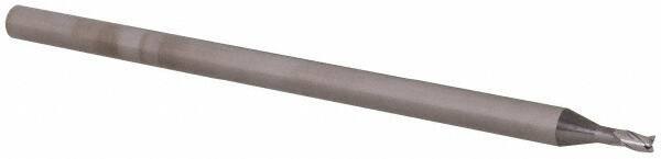 Accupro - 0.06", 0.09" LOC, 1/8" Shank Diam, 2-1/2" OAL, 3 Flute, Solid Carbide Square End Mill - Single End, Uncoated, Spiral Flute, 30° Helix, Centercutting, Right Hand Cut, Right Hand Flute, Series Miniature - Eagle Tool & Supply