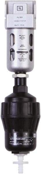 PRO-SOURCE - 1/8" Port, 4.45" High x 1.57" Wide Miniature Filter with Polycarbonate Bowl, Automatic Drain - 11 SCFM, 145 Max psi, 140°F Max Temp, Modular Connection, Bowl Guard, 0.3 oz Bowl Capacity - Eagle Tool & Supply