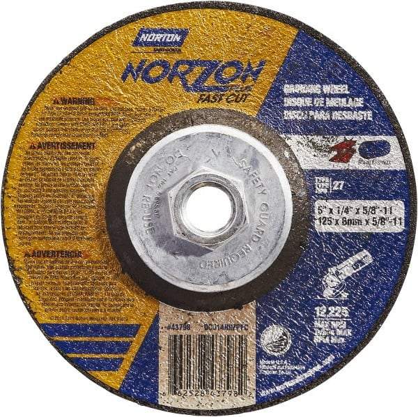Norton - 5" Wheel Diam, 1/4" Wheel Thickness, Type 27 Depressed Center Wheel - Ceramic, Resinoid Bond, 12,225 Max RPM - Eagle Tool & Supply