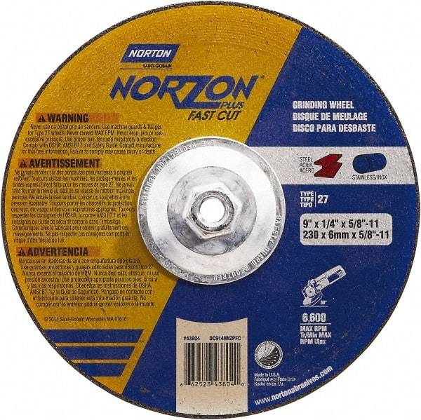 Norton - 9" Wheel Diam, 1/4" Wheel Thickness, Type 27 Depressed Center Wheel - Ceramic, Resinoid Bond, 6,600 Max RPM - Eagle Tool & Supply