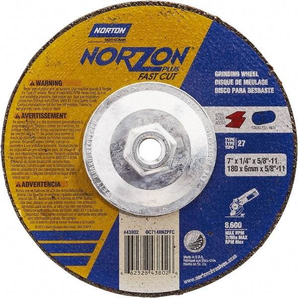 Norton - 7" Wheel Diam, 1/4" Wheel Thickness, Type 27 Depressed Center Wheel - Ceramic, Resinoid Bond, 8,600 Max RPM - Eagle Tool & Supply