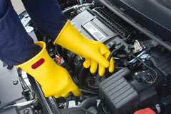 Ansell - Class 2, Size 9, 16" Long, Rubber Lineman's Glove - 20,000 AC Max Use Voltage, 17,000 AC Test Voltage, Yellow, ASTM D120 - Eagle Tool & Supply