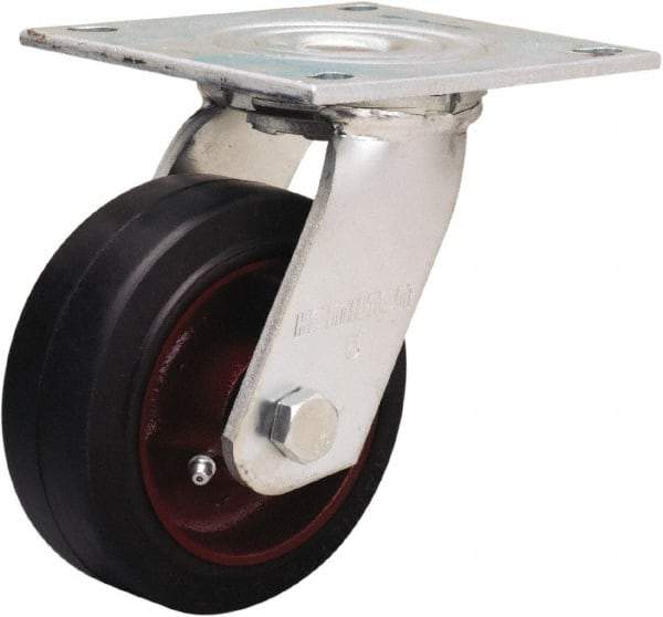 Hamilton - 5" Diam x 2" Wide x 6-1/2" OAH Top Plate Mount Swivel Caster - Rubber Mold on Cast Iron, 350 Lb Capacity, Straight Roller Bearing, 5 x 5-1/2" Plate - Eagle Tool & Supply