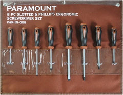 Paramount - 8 Piece Slotted, Phillips & Cabinet Screwdriver Set - Blade Sizes: Width 3/16, 1/4 & 5/16, Bit Sizes: Philips #0 to #3 - Eagle Tool & Supply