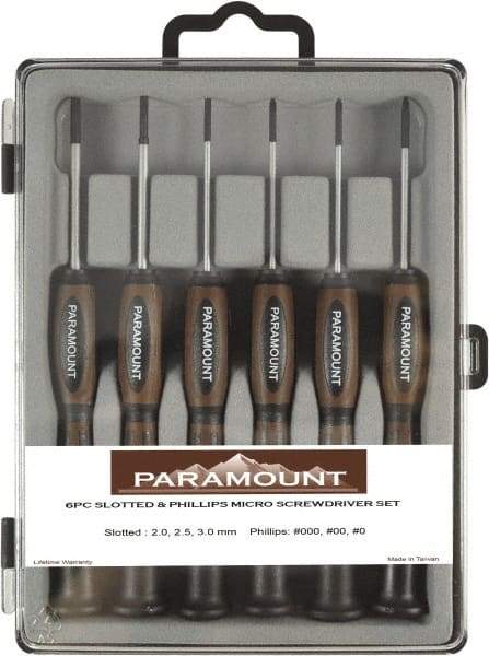 Paramount - 6 Piece Phillips & Slotted Screwdriver Set - Bit Sizes: Philips #000 to #0 - Eagle Tool & Supply