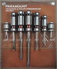 Paramount - 7 Piece Slotted, Phillips & Stubby Screwdriver Set - Blade Sizes: Width 1/4, 5/16 & 3/8, Bit Sizes: Philips #1 & #2 - Eagle Tool & Supply