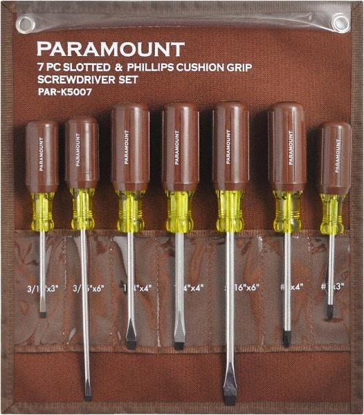 Paramount - 7 Piece Phillips & Slotted Screwdriver Set - Bit Sizes: Philips #0 to #4 - Eagle Tool & Supply