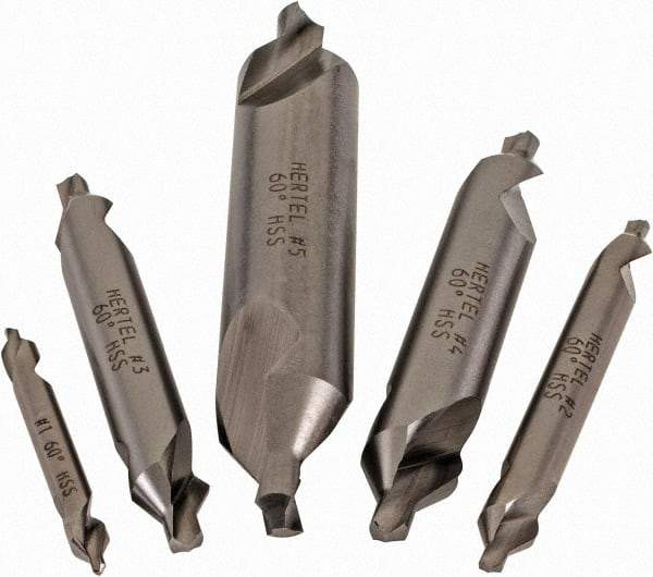 Hertel - #1 to 5, 1/8 to 7/16" Body Diam, 1/8" Point Diam, Plain Edge, High Speed Steel Combo Drill & Countersink Set - 0.0469 to 0.1875" Point Length, 1/8 to 2-3/4" OAL, Double End, Hertel Series Compatibility - Eagle Tool & Supply