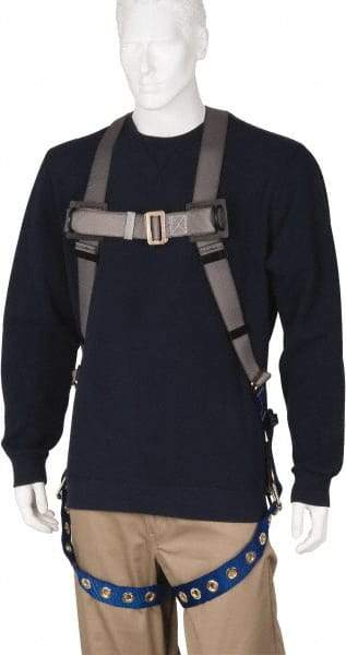 PRO-SAFE - 350 Lb Capacity, Size Universal, Full Body Premium Tongue Buckle Safety Harness - Polyester, Tongue Buckle Leg Strap, Pass-Thru Chest Strap, Gray/Blue - Eagle Tool & Supply