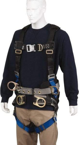 PRO-SAFE - 350 Lb Capacity, Size Universal, Full Body Tower Climbers Safety Harness - Polyester, Front D-Ring, Side D-Ring, Quick Connect Leg Strap, Quick Connect Chest Strap, Black/Blue - Eagle Tool & Supply