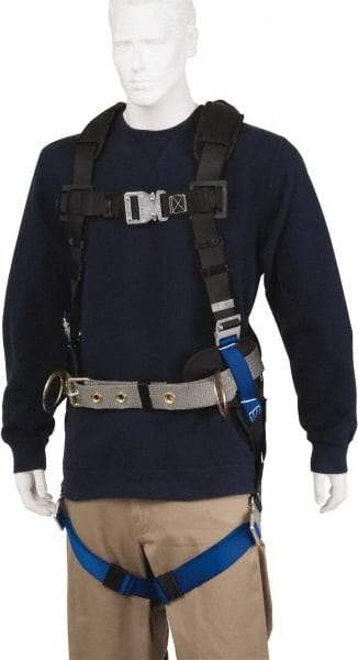 PRO-SAFE - 350 Lb Capacity, Size Universal, Full Body Construction Safety Harness - Polyester, Side D-Ring, Quick Connect Leg Strap, Quick Connect Chest Strap, Black/Blue - Eagle Tool & Supply