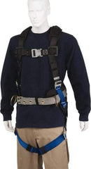 PRO-SAFE - 350 Lb Capacity, Size Universal, Full Body Construction Safety Harness - Polyester, Side D-Ring, Quick Connect Leg Strap, Quick Connect Chest Strap, Black/Blue - Eagle Tool & Supply