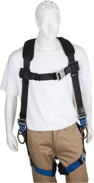 PRO-SAFE - 350 Lb Capacity, Size XL, Full Body Padded Back D-Ring Safety Harness - Polyester, Side D-Ring, Quick Connect Leg Strap, Quick Connect Chest Strap, Black/Blue - Eagle Tool & Supply