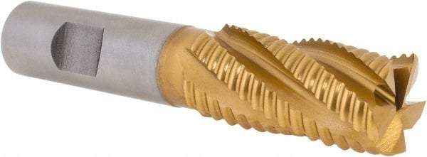 Hertel - 7/8" Diam, Coarse Pitch, 1-7/8" LOC, 5 Flute Cobalt Roughing Square End Mill - TiN Finish, 4-1/8" OAL, 3/4" Shank Diam, Single End, Centercutting, 30° Helix - Eagle Tool & Supply