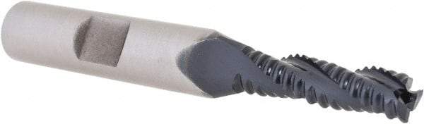 Hertel - 1/4" Diam, Coarse Pitch, 7/8" LOC, 3 Flute Cobalt Roughing Square End Mill - TiAlN Finish, 2-11/16" OAL, 3/8" Shank Diam, Single End, 30° Helix - Eagle Tool & Supply