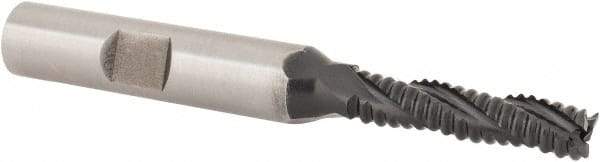 Hertel - 1/4" Diam, Coarse Pitch, 1-1/8" LOC, 3 Flute Cobalt Roughing Square End Mill - TiAlN Finish, 2-15/16" OAL, 3/8" Shank Diam, Single End, 30° Helix - Eagle Tool & Supply