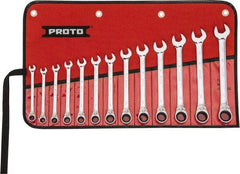 Proto - 13 Piece, 7mm to 19mm, 12 Point Reversible Ratcheting Combination Wrench Set - Metric Measurement Standard, Full Polish Chrome Finish, Comes in Tool Roll - Eagle Tool & Supply