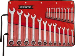 Proto - 22 Piece, 6mm to 36mm, 12 Point Reversible Ratcheting Combination Wrench Set - Metric Measurement Standard, Full Polish Chrome Finish, Comes in Tool Roll - Eagle Tool & Supply