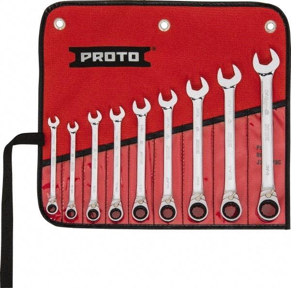 Proto - 9 Piece, 9/32" to 3/4", 12 Point Reversible Ratcheting Combination Wrench Set - Inch Measurement Standard, Full Polish Chrome Finish, Comes in Tool Roll - Eagle Tool & Supply