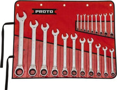 Proto - 20 Piece, 7/32" to 1-1/2", 12 Point Reversible Ratcheting Combination Wrench Set - Inch Measurement Standard, Full Polish Chrome Finish, Comes in Tool Roll - Eagle Tool & Supply