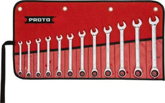 Proto - 12 Piece, 8mm to 19mm, 12 Point Ratcheting Combination Wrench Set - Metric Measurement Standard, Full Polish Chrome Finish, Comes in Tool Roll - Eagle Tool & Supply