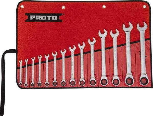 Proto - 14 Piece, 1/4" to 1", 12 Point Ratcheting Combination Wrench Set - Inch Measurement Standard, Full Polish Chrome Finish, Comes in Tool Roll - Eagle Tool & Supply