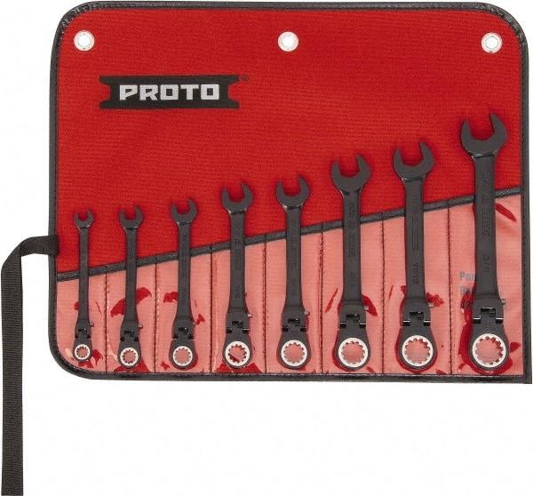 Proto - 8 Piece, 5/16" to 3/4", 12 Point Ratcheting Flex-Head Spline Wrench Set - Inch Measurement Standard, Black/Chrome Finish, Comes in Nylon Roll - Eagle Tool & Supply