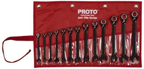 Proto - 13 Piece, 7mm to 19mm, 12 Point Short Ratcheting Reversible Combination Spline Wrench Set - Metric Measurement Standard, Black/Chrome Finish, Comes in Tool Roll - Eagle Tool & Supply