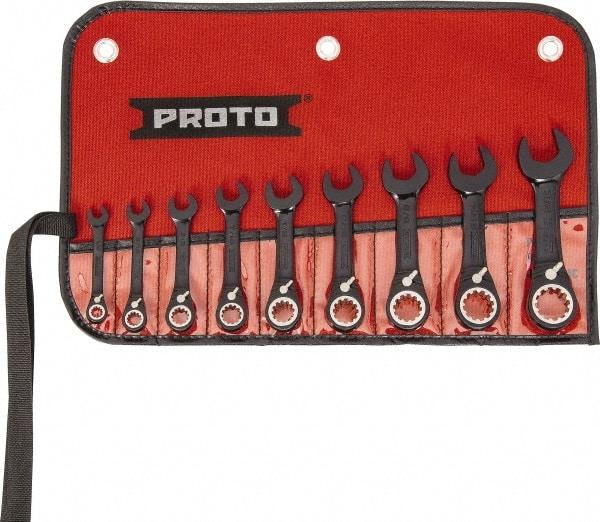 Proto - 9 Piece, 1/4" to 3/4", 12 Point Short Ratcheting Reversible Combination Spline Wrench Set - Inch Measurement Standard, Black/Chrome Finish, Comes in Tool Roll - Eagle Tool & Supply