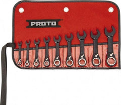 Proto - 9 Piece, 1/4" to 3/4", 12 Point Short Ratcheting Reversible Combination Spline Wrench Set - Inch Measurement Standard, Black/Chrome Finish, Comes in Tool Roll - Eagle Tool & Supply