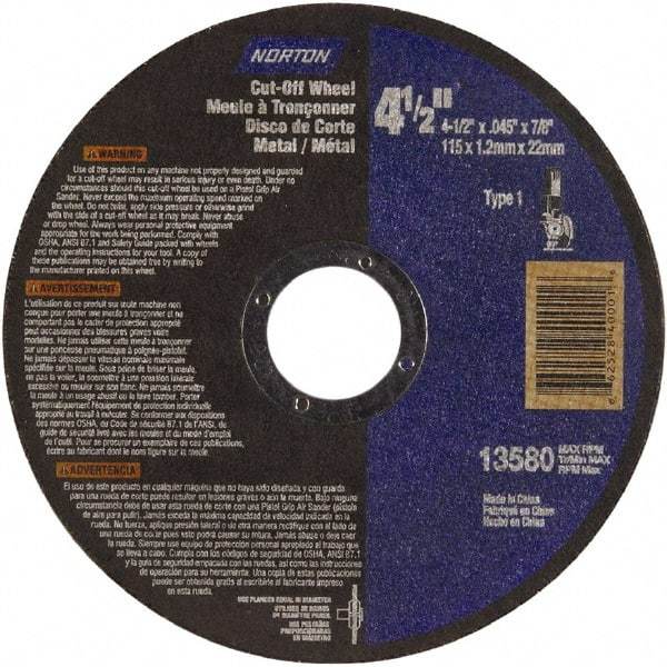 Norton - 4-1/2" Aluminum Oxide Cutoff Wheel - 0.04" Thick, 7/8" Arbor, Use with Angle Grinders - Eagle Tool & Supply