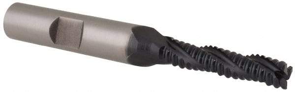 Hertel - 1/4" Diam, Coarse Pitch, 1-1/8" LOC, 3 Flute Cobalt Roughing Square End Mill - TiAlN Finish, 15/16" OAL, 3/8" Shank Diam, Single End, Centercutting, 30° Helix - Eagle Tool & Supply