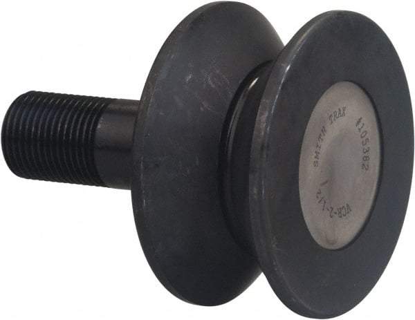 Accurate Bushing - 6-1/2" Roller Diam x 3" Width, 2" Stud Diam x 4-1/2" Length, V Guide Roller - Carbon Steel, 2-1/2" Thread Length, 2-12 Thread, 7-1/2" OAL, 35,800 Lb Dynamic Cap, 40,000 Lb Static Cap - Eagle Tool & Supply