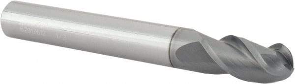 Accupro - 1/2" Diam, 1" LOC, 3 Flute Solid Carbide Ball End Mill - nACRo Finish, Single End, 4" OAL, 1/2" Shank Diam, Spiral Flute - Eagle Tool & Supply