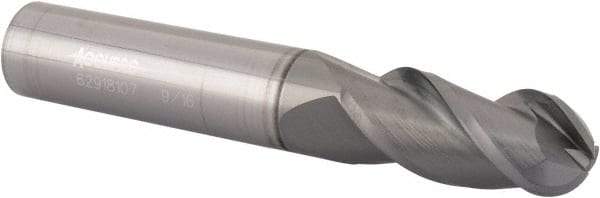 Accupro - 9/16" Diam, 1-1/4" LOC, 3 Flute Solid Carbide Ball End Mill - nACRo Finish, Single End, 3-1/2" OAL, 9/16" Shank Diam, Spiral Flute - Eagle Tool & Supply