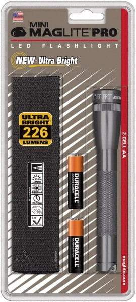 Mag-Lite - Clear LED Bulb, 272 Lumens, Mini Flashlight - Gray Aluminum Body, 2 AA Alkaline Batteries Included - Eagle Tool & Supply