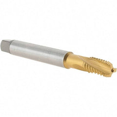 Emuge - 1/8-27 NPT, 15° Helix, 3 Flutes, Modified Bottoming Chamfer, TiN Finish, Cobalt, Spiral Flute Pipe Tap - Right Hand Flute, 7/16" Shank Diam, 3/4" Thread Length, 0.328" Square Size, Series KEG - Eagle Tool & Supply