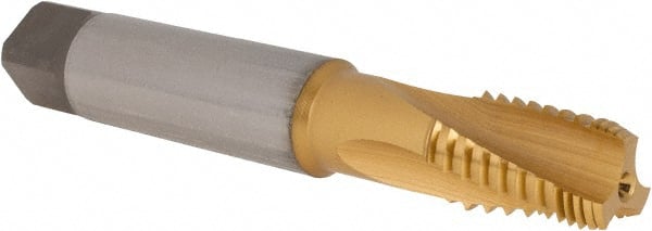 Emuge - 3/8-18 NPT, 15° Helix, 3 Flutes, Modified Bottoming Chamfer, TiN Finish, Cobalt, Spiral Flute Pipe Tap - Eagle Tool & Supply