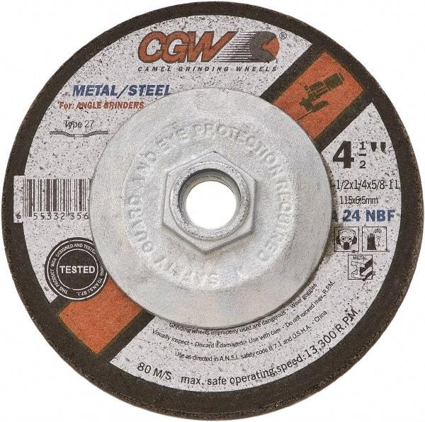 Camel Grinding Wheels - 24 Grit, 5" Wheel Diam, 1/4" Wheel Thickness, Type 27 Depressed Center Wheel - Coarse Grade, Aluminum Oxide, Resinoid Bond, 12,250 Max RPM - Eagle Tool & Supply