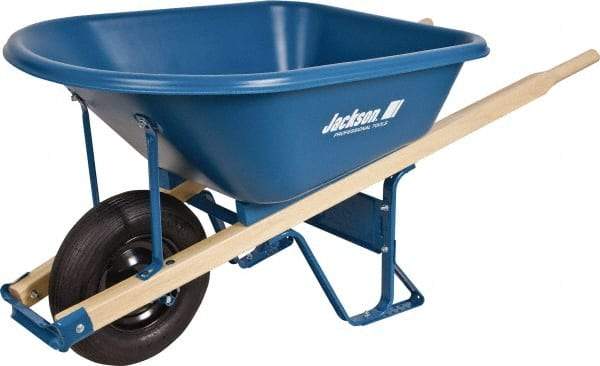 Jackson Professional Tools - 5.75 Cu Ft Capacity Wheelbarrow with 16" Pneumatic Wheel - Wood Handle, 59-1/4" Long x 29-1/2" Wide x 27-1/4" High, Blue - Eagle Tool & Supply