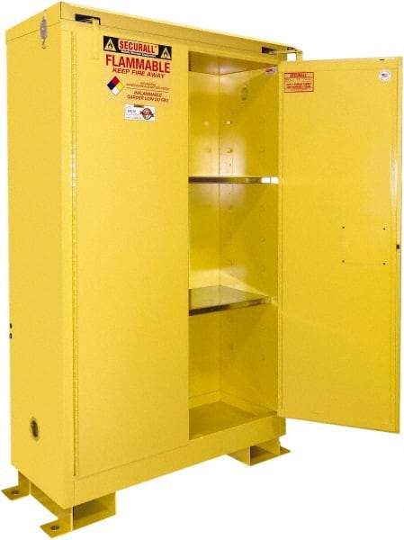 Securall Cabinets - 2 Door, 2 Shelf, Yellow Steel Standard Safety Cabinet for Flammable and Combustible Liquids - 71" High x 43" Wide x 18" Deep, Self Closing Door, 3 Point Key Lock, 45 Gal Capacity - Eagle Tool & Supply