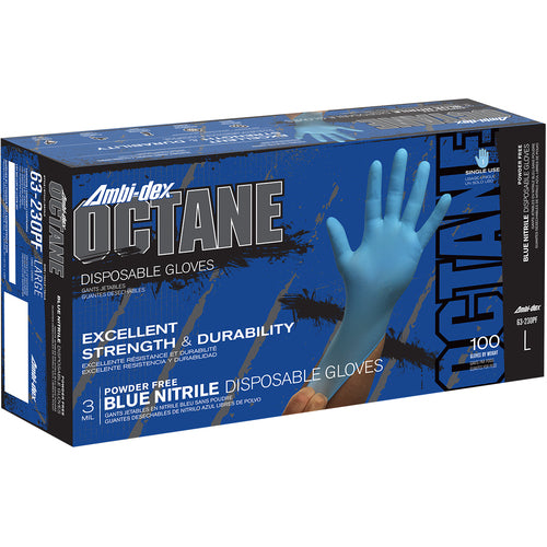 ‎63-230PF/M Disposable Gloves - Ambi-Dex Octane Disposable Nitrile - 3 Mil Blue - Powder Free - Text Grip - Exact Industrial Supply