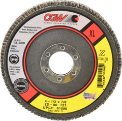 Camel Grinding Wheels - 80 Grit, 4-1/2" Disc Diam, 7/8" Center Hole, Type 27 Zirconia Alumina Flap Disc - 13,300 Max RPM, Polyester Backing, Arbor Attaching System, Coated - Eagle Tool & Supply
