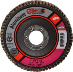 Camel Grinding Wheels - 36 Grit, 4-1/2" Disc Diam, 7/8" Center Hole, Type 27 Aluminum Oxide Flap Disc - 13,300 Max RPM, Polyester Backing, Arbor Attaching System, Coated - Eagle Tool & Supply